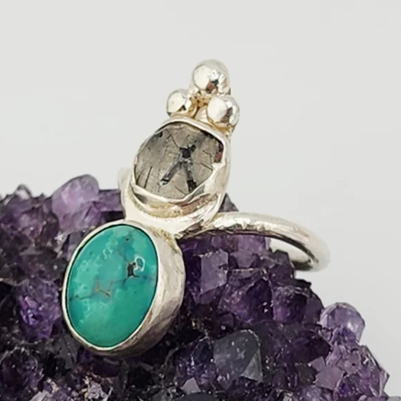 TURQUOISE & RUTILATED QUARTZ HANDMADE RING IN STERLING SILVER METAL SIZE 7 - Picture 2 of 10